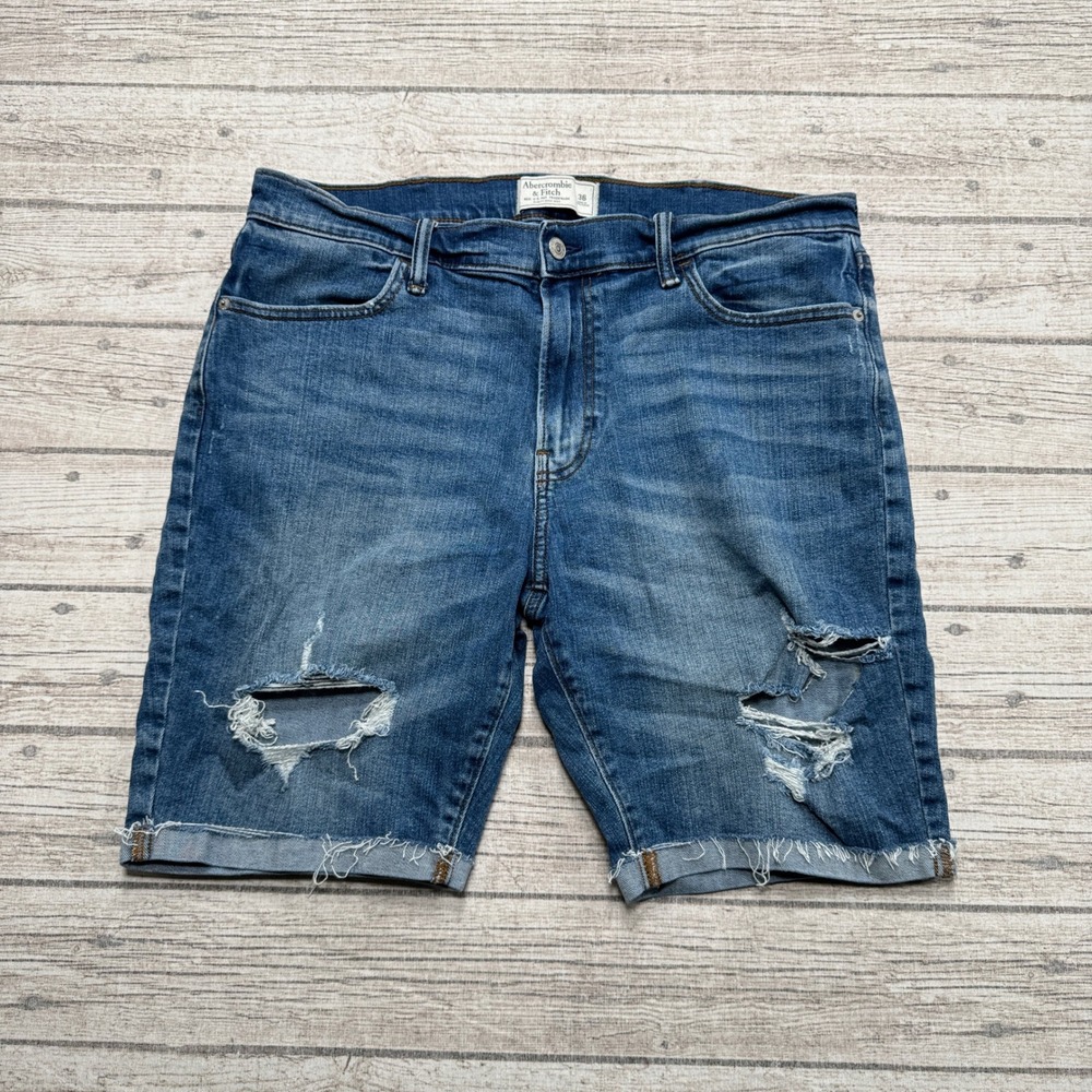 Abercrombie & Fitch Shorts Men's 36 Blue Denim High Rise Relaxed Fit Distressed